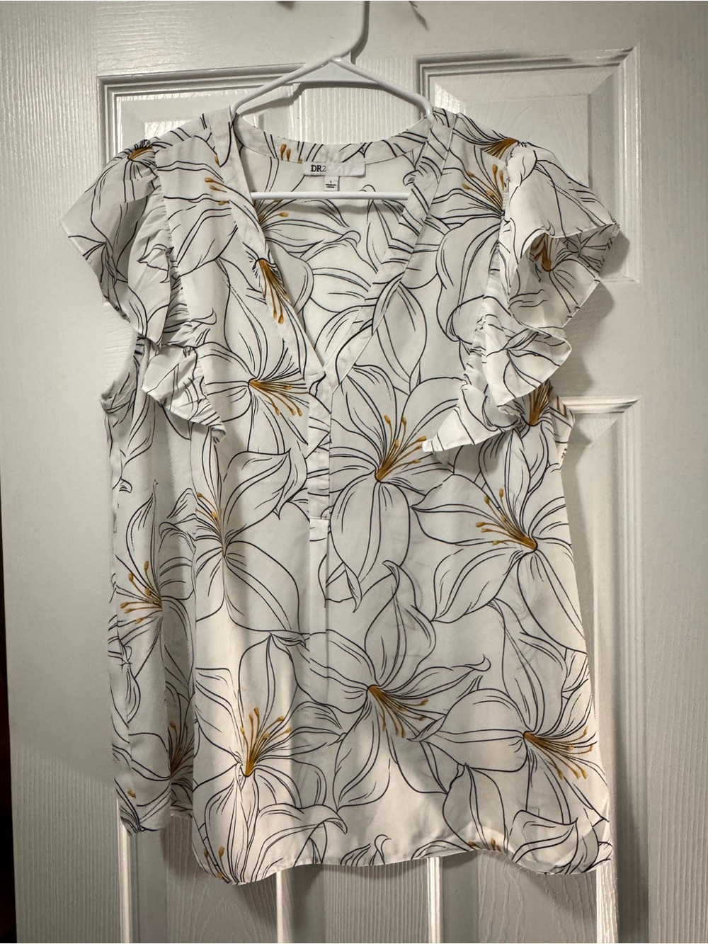 DR2 Cream Blouse with Black Floral Outline and Gold Accents